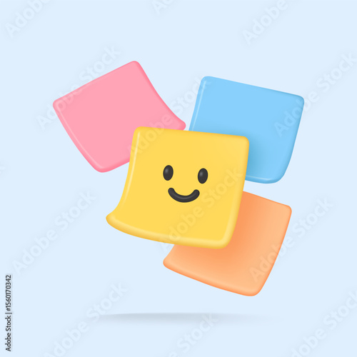 Adorable vector illustration of colorful sticky notes, one with a smiling face, floating playfully on a light blue background.
