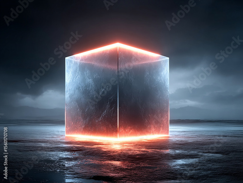 Futuristic glowing cube floating in empty space, clean digital art 