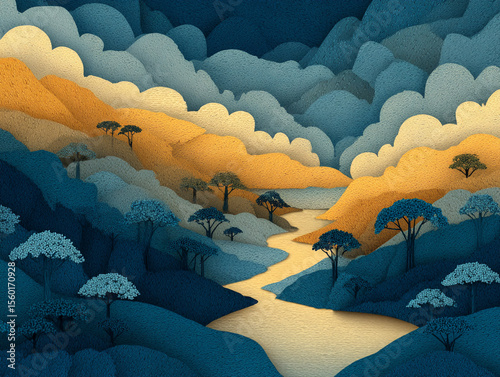 Paper cut-out style nature landscape, vector feel, layered texture 