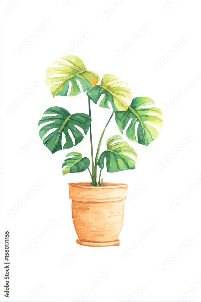 Obraz premium Vibrant Monstera deliciosa in terracotta pot, lush green leaves against a clean white background. A simple, elegant botanical illustration.