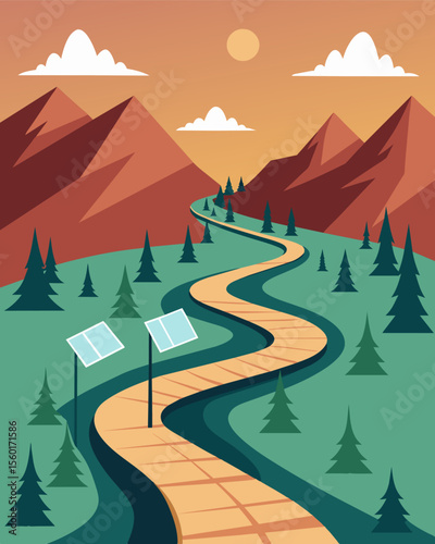 A long and rugged pathway snaking through the wilderness with solarpowered charging stations at regular intervals for hikers to recharge their electronic devices.. Vector illustration