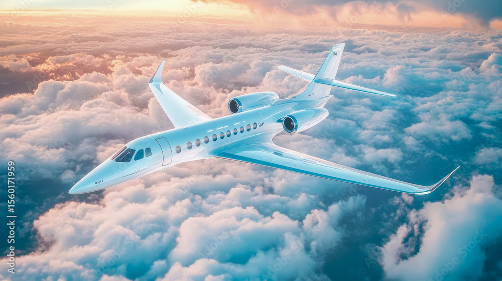 Fototapeta premium Concept: Luxury travel, private jet soaring through clouds at sunset, promoting exclusive aviation services.
