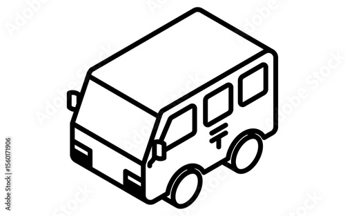 Isometric line art illustration of a postal delivery truck in simple and minimal style, black and white