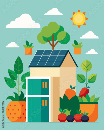 A rooftop garden boasts a sustainable lifestyle with its use of solar energy including a solarpowered refrigerator to keep harvested fruits and vegetables fresh.. Vector illustration
