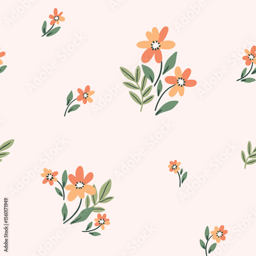 Seamless floral pattern, cute ditsy print of pretty yellow daisies. Liberty botanical design in country, folk motif. Small hand drawn flowers, tiny leaves abstract on white. Vector illustration.