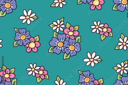 Seamless floral pattern, cute ditsy print with simple hand drawn plants. Pretty botanical design in girly style. Small daisy flowers, tiny leaves, bouquets in summer colors. Vector illustration.