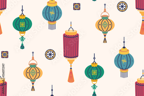 Seamless pattern, simple ornament with traditional festive lanterns. Cute surface design with colorful Chinese paper lanterns. Wallpaper, textile decor. Vector illustration.
