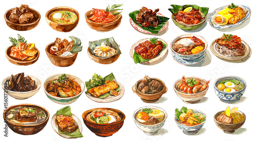 Asian cuisine watercolor illustrations of meat and stew dishes served in ceramic bowls, featuring pork, ribs, soup, and herbs, presented in artistic food style.

