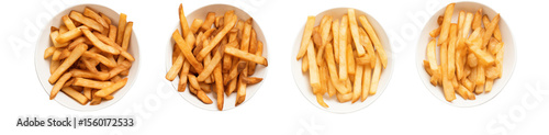 Golden french fries in white bowls sit against a black background.transparent PNG, isolated background 