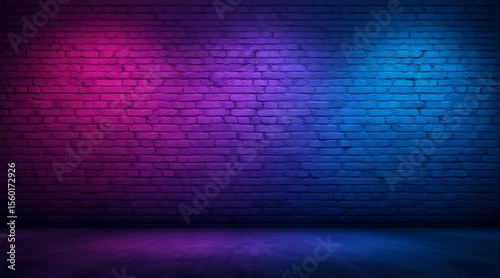 Textured brick wall illuminated by vibrant pink and blue gradient lighting weathered