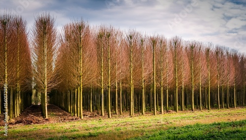 row of coppiced trees in a forest buckinghamshire uk
