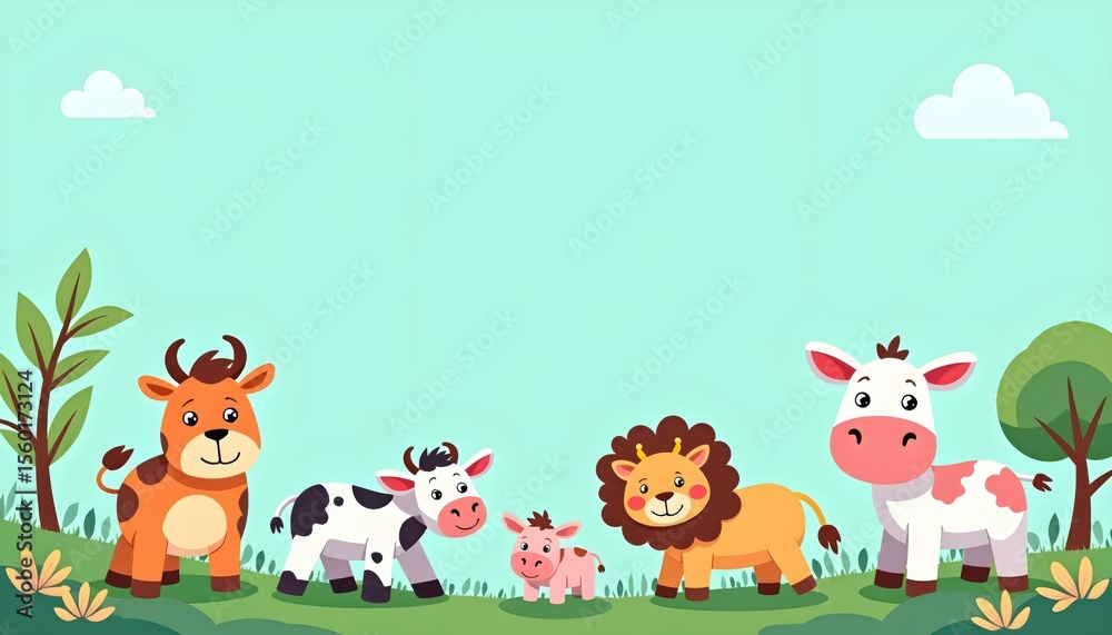 Obraz premium Cute cartoon animals surround a large empty blue frame