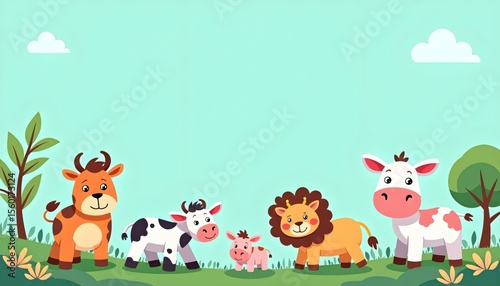 Cute cartoon animals surround a large empty blue frame