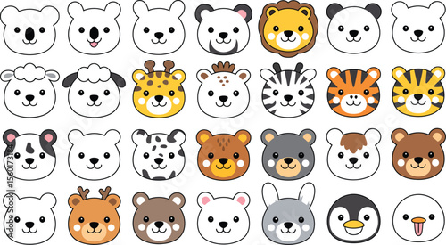 Cute animal faces illustration vector set, koala bear lion tiger panda sheep giraffe rabbit penguin duck