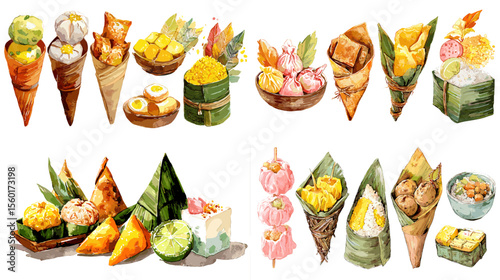 Hand-painted Asian street snacks and desserts in bamboo or banana leaf wrappers, featuring dim sum, sticky rice, eggs, and traditional sweets on white background.

