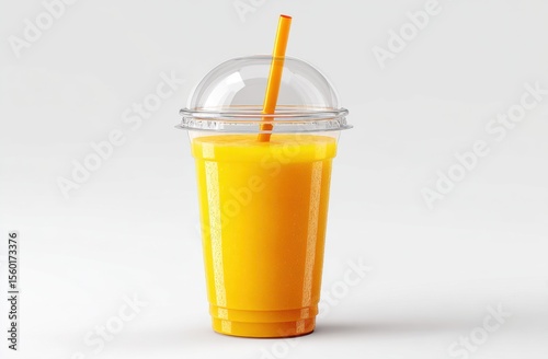 Refreshing orange juice in a clear plastic cup with a straw, perfect for summer refreshment.