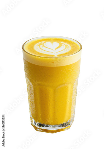 Golden milk latte in glass cup, vibrant and creamy turmeric drink, foam art