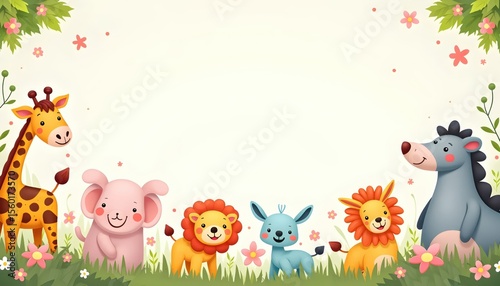 Zoo animals surrounding a rectangular blue frame