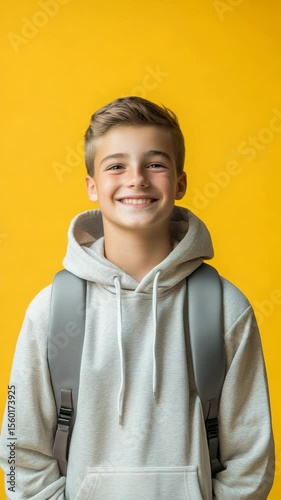 Portrait of a smiling boy wearing a grey hoodie and carrying a backpack, ready for school against a vibrant yellow backdrop, expressing happiness and excitement for education