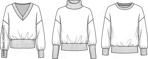 Flat fashion cad drawing, vector sweater set, women's pullover top design, long sleeve knitwear, technical sketch illustration