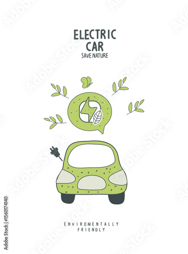 Vector hand drawn sketch of elecrtic car with green leaves. illustration of Environmentally friendly planet. Think Green. Alternative energy concept.