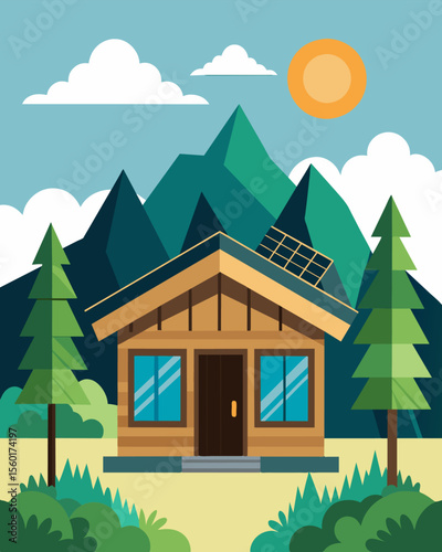 A park rangers station located in a national park solar panels on its roof allowing for a more sustainable and environmentallyfriendly operation in the heart of nature.. Vector illustration