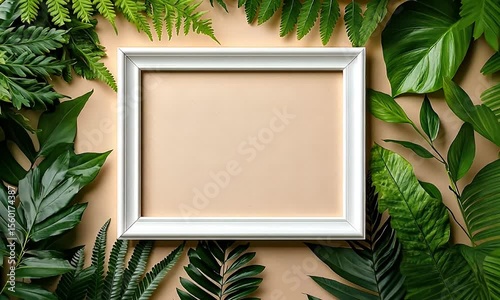 Empty white frame surrounded by green leaves
