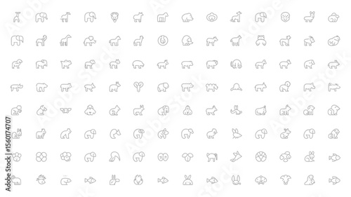 Vector outline animal icons set, zoo animals, farm animals, wild animals, pet icons, animal symbols