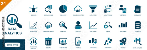 Data analytics icon. Containing charts, data flow, data warehouse, automatic analysis, data pipeline. Solid vector icons collection.