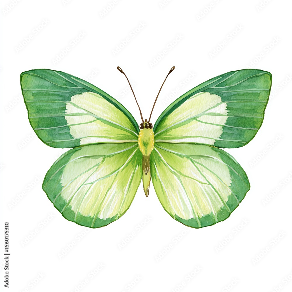 Fototapeta premium Vibrant Green Butterfly Watercolor Painting, Delicate Wings, Tranquil Nature Scene