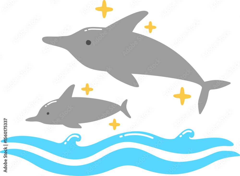 Obraz premium Hand drawn dolphins swimming in the ocean retro groovy boho summer elements cartoon doodle 