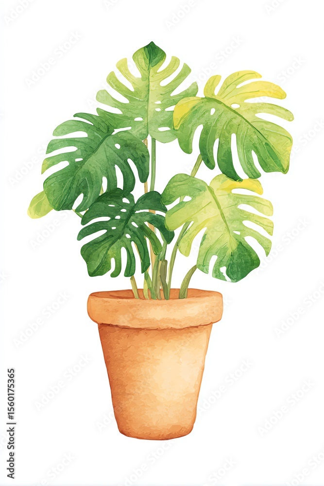 Fototapeta premium Vibrant Monstera deliciosa in terracotta pot, lush green leaves against a white background, showcasing a vibrant and healthy plant.