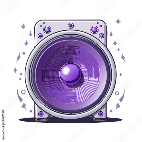 Vibrant Purple Audio Speaker System Illustration Surrounded by Sparkling Stars in a Dark Room for Multimedia Design Concepts
