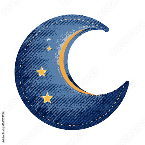 Denim Moon with Stars Patch Applique Textured Surface Space Sky Design Night Dream Illustration