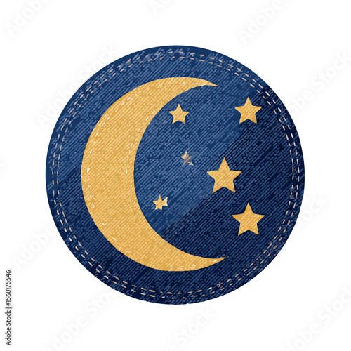 Denim Night Sky Applique with Crescent Moon and Stars Stitched onto Blue Jean Circle with Sewing for Fabric Crafts