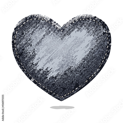 Distressed Denim Heart with Stitching on Black Background Handmade Fabric Patch