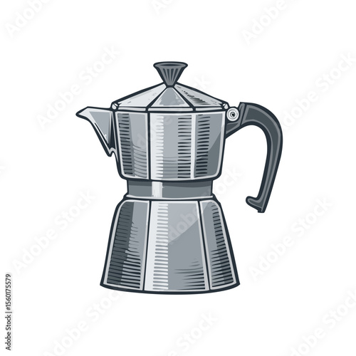 Retro Silver Moka Pot Illustration Classic Italian Coffee Maker Kitchen Gadget Brew Espresso