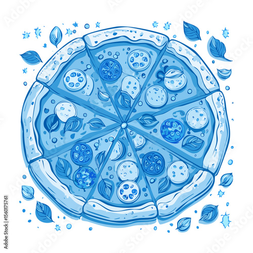 Stylized Margarita Pizza with Mozzarella Tomatoes and Basil on Dark Background in Blue Color Palette