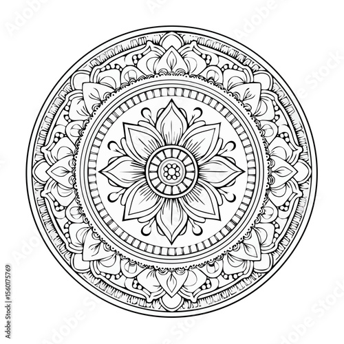 Detailed Floral Mandala Illustration: Circular Pattern with Flower and Leaf Motifs on Black Background
