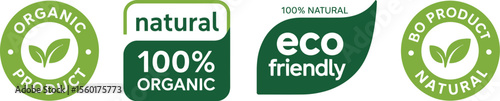 Organic natural product eco friendly bio product labels vector design for branding and marketing material