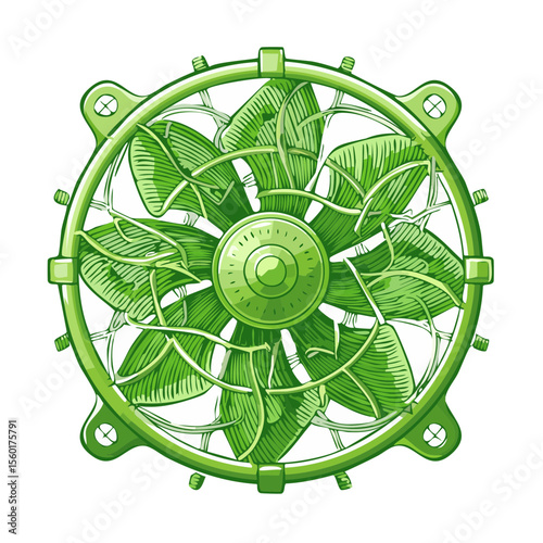 Green Fan with Leaf-Like Blades on Black Background Illustration Graphic Design