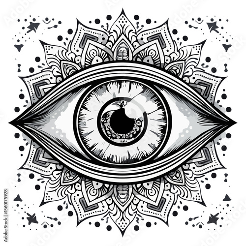 Mystical Eye Illustration with Ornate Floral Mandala and Celestial Elements for Spiritual Designs