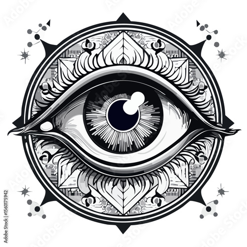 Monochromatic vector illustration featuring a detailed eye with ornate geometric and floral patterns in a circular design on a black background.