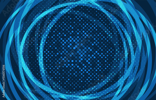 Abstract blue circular halftone background with glowing swirl lines and dotted texture, perfect for technology themes and modern digital concepts.