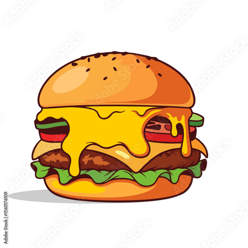 Chicken Cheese Burger Vector | Tasty Fast Food with Melting Cheese | Snack Illustration