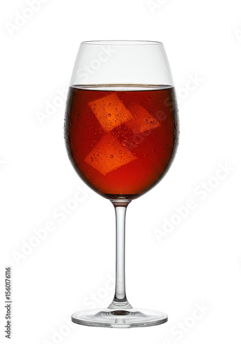A tall, stemmed glass is filled with a reddish liquid and three square, light-colored ice cubes