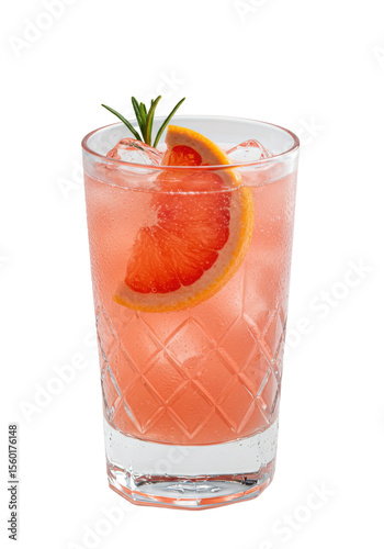 Refreshing pink cocktail with grapefruit slice and rosemary sprig in a tall textured glass