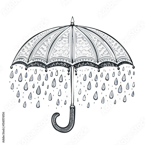 Elegant ornate umbrella illustration with falling raindrops against black backdrop showcasing weather protection and vector design element