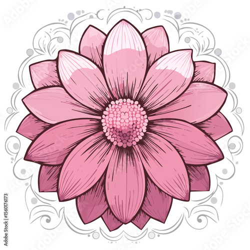 Pink Flower Mandala Design with Ornamental Border on Black Background Elegant floral illustration with intricate details for cards and prints