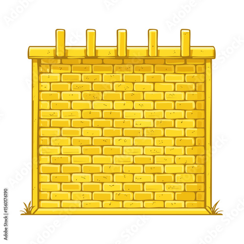 Cartoon Brick Wall with Battlements, Gold Bricks and Grass Illustration on Black Background